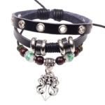 Handmade PU Leather Bracelet Black Tribal Skull Bohemian Vintage LB-002