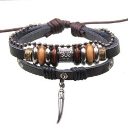 Handmade PU Leather Bracelet Black Tribal Tooth Beads Bohemian LB-011