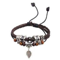 Handmade PU Leather Bracelet Black Brown Tribal Leaf Beads Bohemian LB-014
