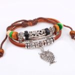 Handmade PU Leather Bracelet Brown Tribal Owl Beads Bohemian LB-017