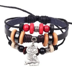 Handmade PU Leather Bracelet Black Red Tribal Owl Beads Bohemian LB-018