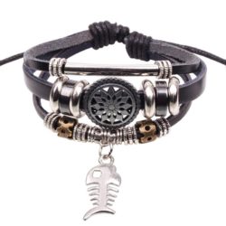 Handmade PU Leather Bracelet Black Tribal Fish Beads Bohemian LB-019