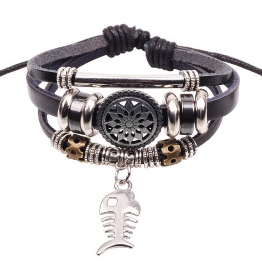 Handmade PU Leather Bracelet Black Tribal Fish Beads Bohemian LB-019