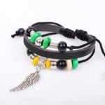 Handmade PU Leather Bracelet Black Green Tribal Wing Beads Bohemian LB-020
