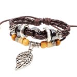 Handmade PU Leather Bracelet Brown Tribal Leaf Beads Bohemian LB-023