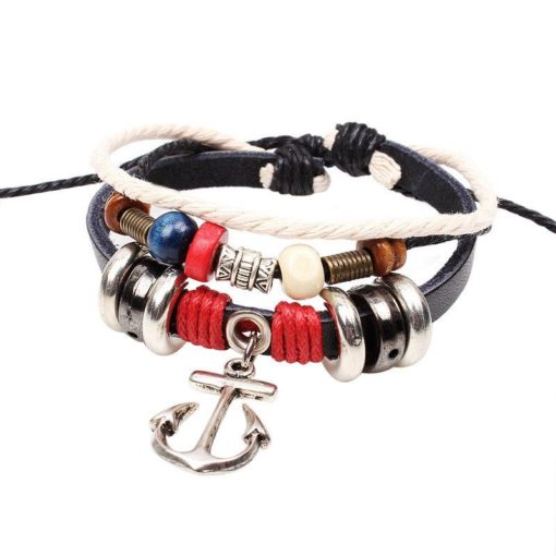 Handmade PU Leather Bracelet Colourful Tribal Red Beads Anchor LB-004