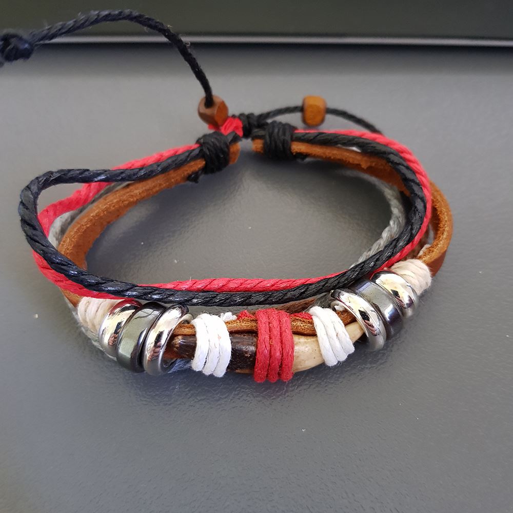 Handmade Leather Bracelet Brown Red Tribal Tooth Beads Bohemian ...