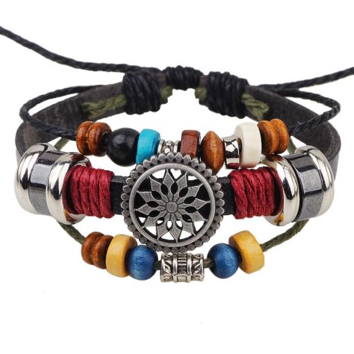 Handmade PU Leather Bracelet Colourful Tribal Star Flower LB-001
