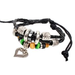 Handmade PU Leather Bracelet Black Tribal Beads Heart Bohemian LB-007