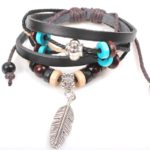 Handmade PU Leather Bracelet Black Tribal Beads Heart Bohemian LB-008