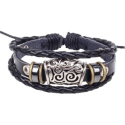 Handmade PU Leather Bracelet Black Tribal Beads Bohemian LB-009