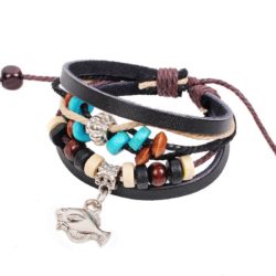 Handmade PU Leather Bracelet Black Tribal Fish Beads Bohemian LB-010