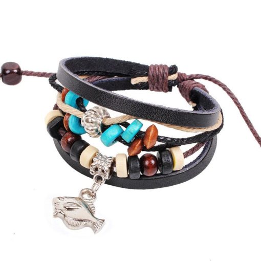 Handmade Leather Bracelet Black Tribal Fish Beads Bohemian - Leather ...