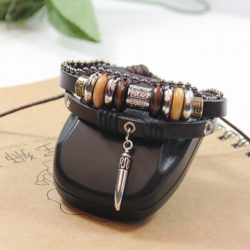 Handmade PU Leather Bracelet Black Tribal Tooth Beads Bohemian LB-011