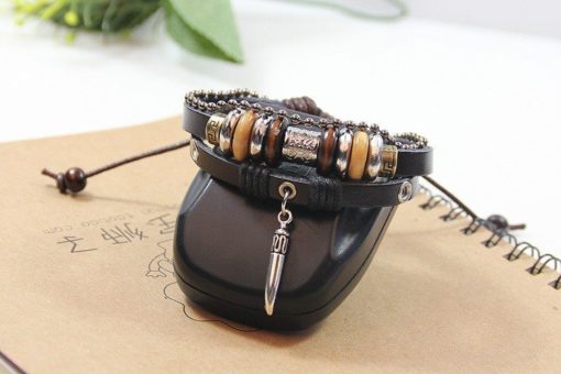 Handmade PU Leather Bracelet Black Tribal Tooth Beads Bohemian LB-011