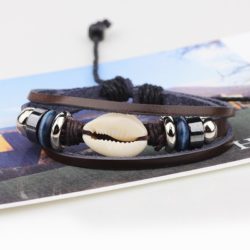 Handmade PU Leather Bracelet Black Tribal Shell Beads Bohemian LB-013