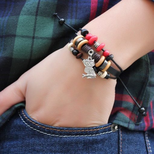 Handmade PU Leather Bracelet Black Red Tribal Owl Beads Bohemian LB-018