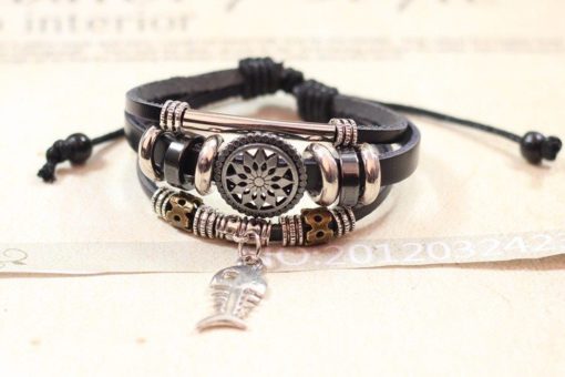 Handmade PU Leather Bracelet Black Tribal Fish Beads Bohemian LB-019