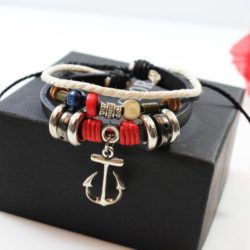 Handmade PU Leather Bracelet Colourful Tribal Red Beads Anchor LB-004