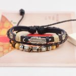 Handmade PU Leather Bracelet Black Tribal Beads Leaf Bohemian LB-006