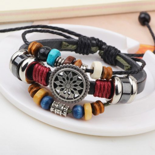 Handmade PU Leather Bracelet Colourful Tribal Star Flower LB-001