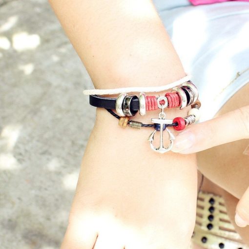 Handmade PU Leather Bracelet Colourful Tribal Red Beads Anchor LB-004