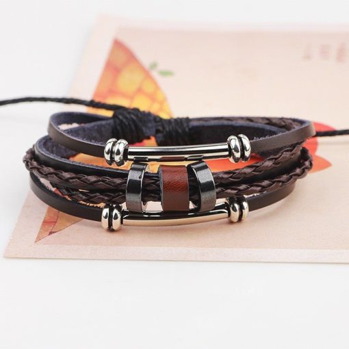 Handmade PU Leather Bracelet Brown Tribal Beads Bohemian LB-005