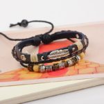 Handmade PU Leather Bracelet Black Tribal Beads Leaf Bohemian LB-006