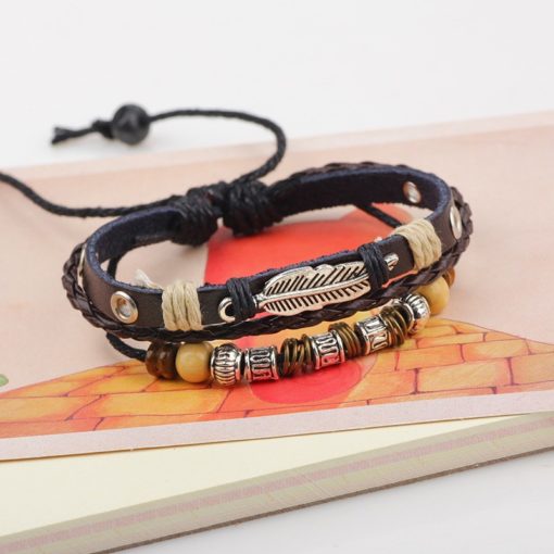 Handmade PU Leather Bracelet Black Tribal Beads Leaf Bohemian LB-006