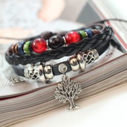 Handmade PU Leather Bracelet Colourful Tribal Tree Of Life Beads Bohemian LB-022