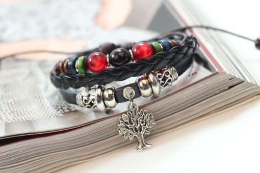 Handmade PU Leather Bracelet Colourful Tribal Tree Of Life Beads Bohemian LB-022