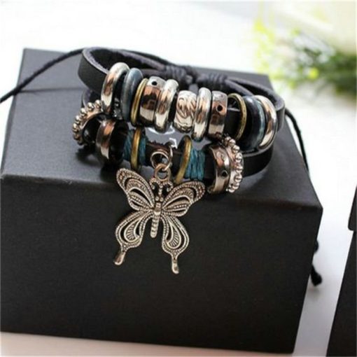 Handmade PU Leather Bracelet Black Buttefly Tribal Blue Beads Bohemian LB-036