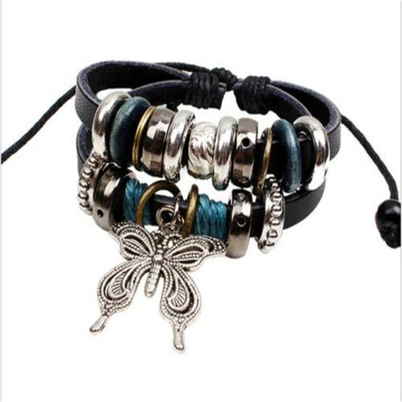 Handmade Leather Bracelet Black Butterfly Tribal Blue Beads Bohemian LB036 Leather Bracelets
