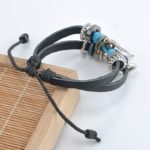 Handmade PU Leather Bracelet Black Buttefly Tribal Blue Beads Bohemian LB-036