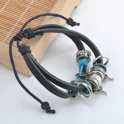 Handmade PU Leather Bracelet Black Buttefly Tribal Blue Beads Bohemian LB-036