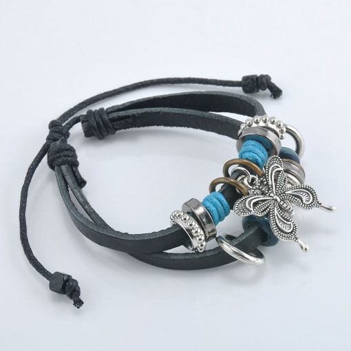 Handmade PU Leather Bracelet Black Buttefly Tribal Blue Beads Bohemian LB-036