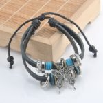Handmade PU Leather Bracelet Black Buttefly Tribal Blue Beads Bohemian LB-036