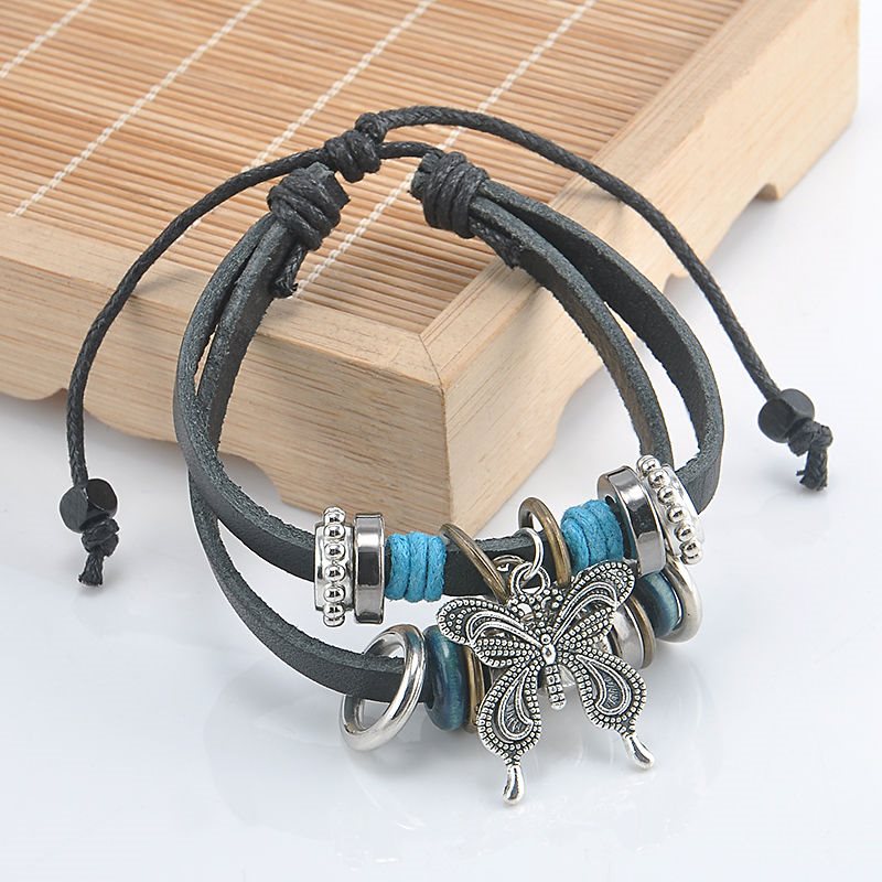 Handmade Leather Bracelet Black Butterfly Tribal Blue Beads Bohemian ...