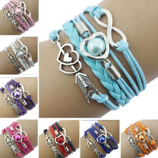 Leather Love Heart Arrow and Infinity Bracelet Red Pink Violet Blue Black Orange LB-ARW