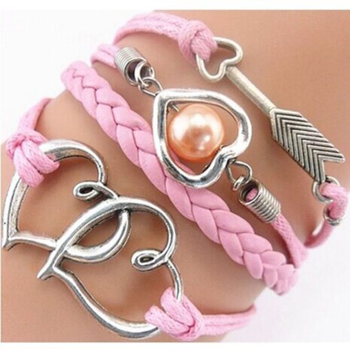 Pink Double Hearts & Arrow with Pinkish Pearl PU Leather Bracelet