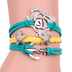 Rose & Anchor with Stars PU Leather Bracelet in Green & Yellow