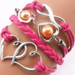 Hot Pink Double Heart Infinity PU Leather Bracelet