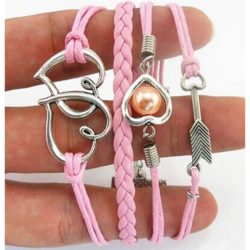 Pink Double Hearts & Arrow with Pinkish Pearl PU Leather Bracelet