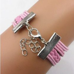Pink Wings & Love Birds with white Pearl PU Leather Bracelet