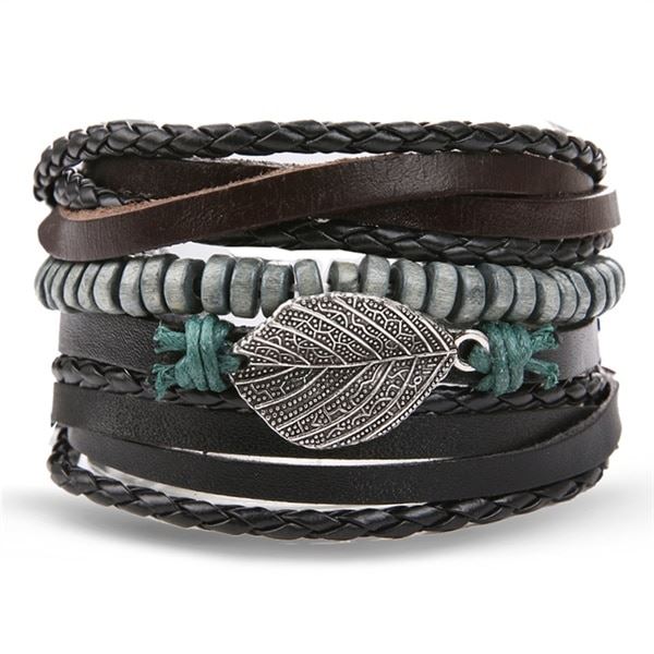 Single Leaf Charm Braided Leather Bracelet - Leather Bracelets Australia