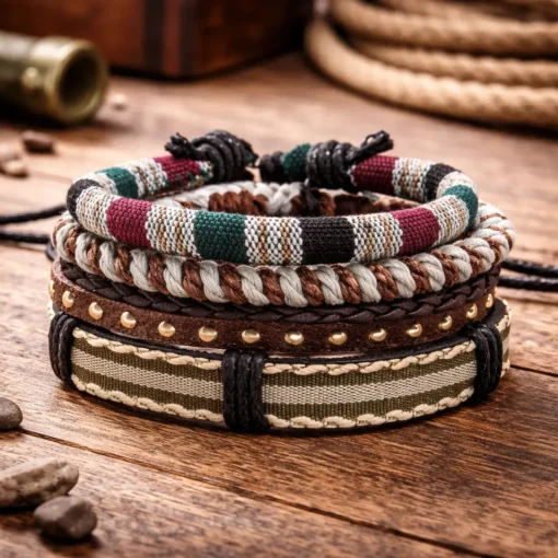 Braided Leather Bracelet with Metal Accents