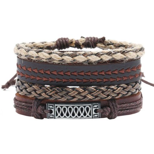 Leather Bracelets Set Brown with Hemp