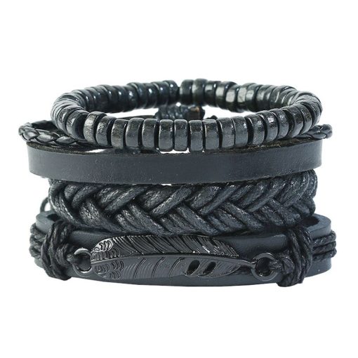 All black feather leather bracelet with beads elastic bracelet