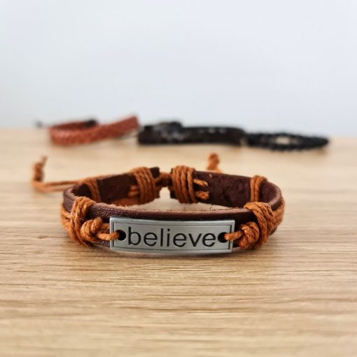 Believe Brown Plaited Leather Bracelet