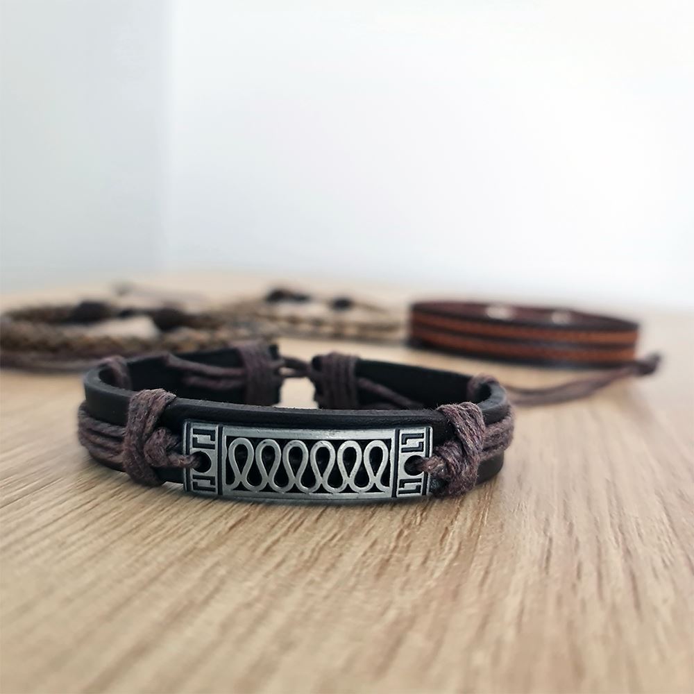 Leather Bracelets Set Brown with Hemp